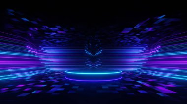 3d Render, Neon podyumu mavi ve mor ışık çizgisi arkaplan, teknoloji fütüristik ve dijital kavram.