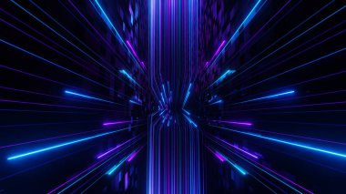 3d Render, mavi ve mor neon ışıkta hızlı ışık yansıma arkaplanı, uzayda ve galakside soyut hiper warp.