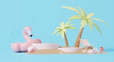 3D görüntüleme, yaz sahnesi. Ürün ve reklam için podyum, pembe şişirilebilir flamingo ve mavi arka planda plaj olan yaz arkaplanı..