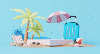 3D görüntüleme, kumsalda podyum görüntüleme. Mavi arka plan üzerine yaz konsepti olarak bavul, deniz, şemsiye ile süsleyin..