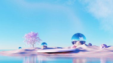 3D Render, Pastel Surreal manzara adası. Ürünleri göstermek için boş podyum, mor ağaç ve güzel bulutlu arka planda cam top..