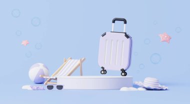 3D tasarım, minimum pastel yaz konsepti. Model için podyum, şirin bavul, plaj sandalyesi ve mor temalı top..