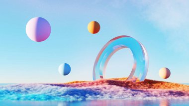 3D rengarenk manzaralı soyut gerçeküstü manzara, gökkuşağı arkaplanlı gökkuşağı çimen kumulunda cam çember etrafında yüzen pastel top..