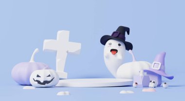 3D görüntüleme, Mutlu Cadılar Bayramı partisi minimal tarzı. Ürün için podyum sahnesi. Pastel mor arka planda şirin ürkütücü unsurlarla süslenmiş..