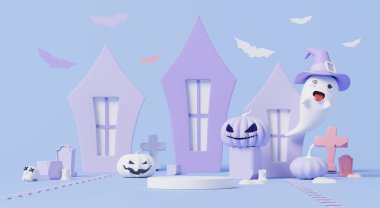 3 boyutlu canlandırma, Ürkütücü ev, balkabağı ve şirin hayalet ile Cadılar Bayramı kutlamaları sahnesi, mor arka planda taklit için boş podyum.