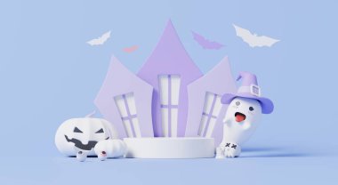 3D görüntüleme, Mutlu Cadılar Bayramı partisi. Sahne podyumu, ürkütücü ev, hayalet, balkabağı ve yarasa desenli. Pastel mor arka planda..