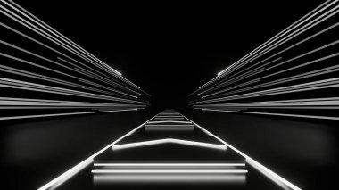 3D Render, hızlı hızlı parlayan beyaz neon ışıklı cadı yarış pisti karanlık arka plan, teknoloji ve gelecekteki hiper warp sahnesi.