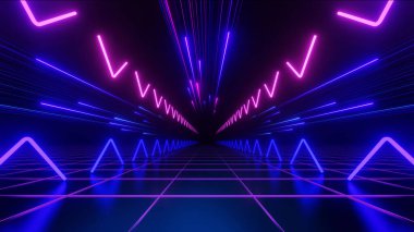 3D Render, neon ışık izlerine sahip yüksek hız teknolojisi karanlık arka planda, soyut gelecek sahnesinde yansıtılır..