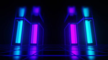 3d Render, soyut mavi neon ışık koyu arkaplan, dijital teknoloji ve fütüristik konsept üzerinde parlıyor.