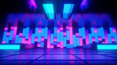 3d Render, soyut teknoloji karanlık arkaplanda dijital neon ışığı, mor ve mavi ışık ile gelecekteki yenilikçi dinamik ekran.