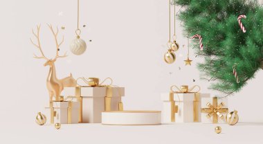 3D tasarım, Noel kutlaması sahnesi podyum, ağaç, hediye kutuları ve süs balosu ile süslenmiş, yeni yıl için minimum stil.