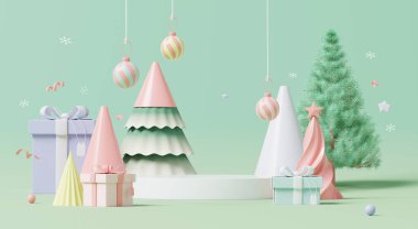 3D görüntü, Pastel Noel sahnesi, renkli hediye kutularıyla süslenmiş boş podyum, yeşil arka planda ağaç ve top.