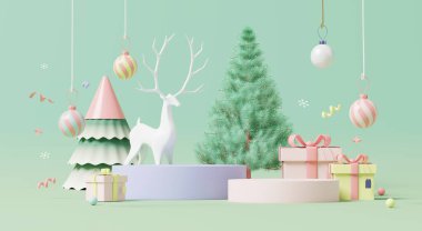 3D görüntüleme, Pastel Noel arkaplanı ürün sergisi için en az renkli podyum, hediye kutuları, ağaç ve ren geyiği.