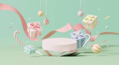 3D görüntü, renkli süs topları, hediye kutuları ve renkli arka planda kurdelelerle çevrili Pastel Noel sahnesi..