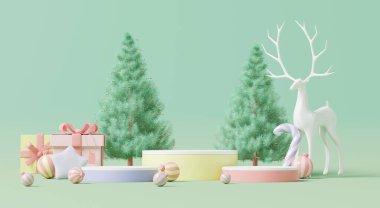 3D rengarenk Noel bayramı. Pastel hediye kutularıyla süslenmiş podyumlar, yeşil arka planda ağaç ve top..