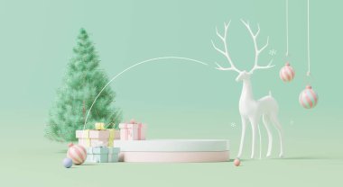 3D görüntüleme, Minimalist pastel Noel podyumu sehpası ren geyikleri, Noel ağacı, hediye kutuları ve yeşil arka planda asılı süsler..
