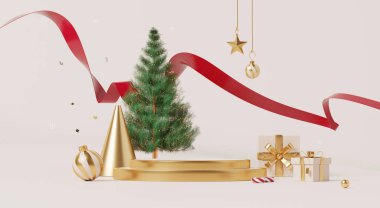 3D görüntüleme, Mutlu Noeller ve podyumlu mutlu yıllar, altın aksanlı ve kırmızı kurdeleli Noel ağacı.