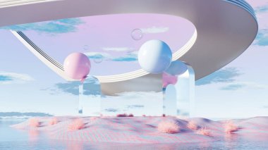 3D görüntüleme, hayali gerçeküstü manzara yüzen küreler ve pembe çöl üzerinde soyut beyaz kemerler