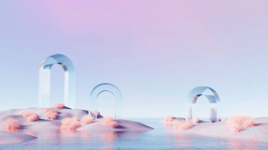 3D görüntüleme, şeffaf kemer şekilleri, su yansımaları ve pembe çalılarla soyut pastel gerçeküstü manzara