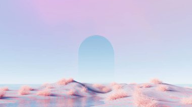 3D görüntüleme, Pastel pembe ve mavi soyut manzara şeffaf kemer yapısı ve yansıtıcı yüzeyi ile