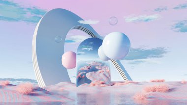 3D görüntüleme, yüzen küreler ve renkli manzaraya ayna yansıyan fütürist beyaz kemer yapısı