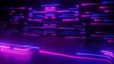 3D render, soyut parlak neon çizgiler fütüristik ve dinamik arkaplan mor ve mavi ışıklarla