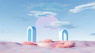 3D görüntüleme, sürreal mavi kemerler. Pastel pembe bir manzarada yansıması var.