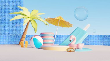 3D görüntü, boş podyum, flamingo, plaj aksesuarları ve dondurmalı renkli havuz kenarı sahnesi