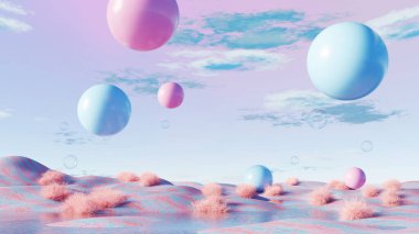 3D render, sürreal yüzer küreler pembe ve mavi manzaralı yumuşak bulutlu