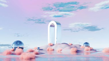 3D görüntüleme, gerçeküstü pembe ve mavi arkaplan üzerine soyut metalik yapı