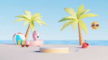 3D görüntü, içi boş plaj sahnesi şişirilebilir flamingo, palmiye ağaçları ve yaz aksesuarlarıyla dolu.