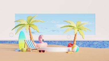 3D görüntüleme, podyum ve plaj sahnesi flamingo şamandırası, palmiye ağaçları, plaj sandalyesi ve yaz aksesuarları.