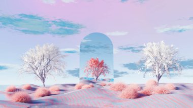 3D görüntüleme, gerçeküstü manzara beyaz ve pembe ağaçlar, yansıtan kemer ve rüya gibi bulutlar arka plan