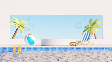 3D görüntü, plaj podyumu ürün, plaj topu, havuz, palmiye ağaçları, şezlong ve güneş gözlüğü.