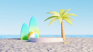 3D görüntüleme, boş podyum, palmiye ağacı, sörf tahtası ve kumlu sahilde plaj topu sahnesi