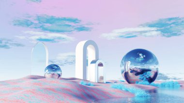 3D görüntüleme, beyaz kemerli sürreal manzara, yansıtıcı küreler, ve pembe arazi arka planı