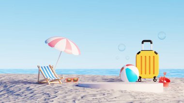 3D görüntü, plaj sahnesi ürün sunumu, şemsiye, plaj sandalyesi, bavul ve plaj topu için podyum