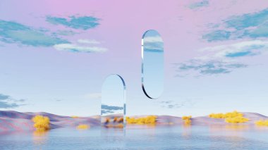 Renkli tepeler ve su üzerinde yüzen aynalarla 3D görüntüleme, gerçeküstü manzara