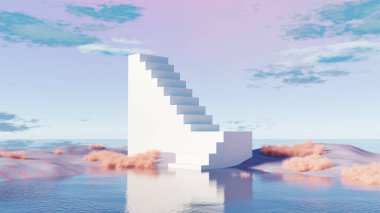 3D görüntüleme, gerçeküstü manzara pastel çöl üzerinde yükselen merdivenler ve yansıtıcı su