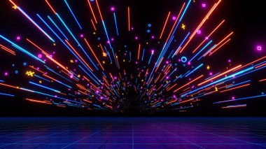 3D görüntüleme, soyut neon ışık yolları ve gelecekteki dijital tünelde parlayan geometrik semboller