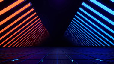 3d görüntüleme, soyut neon ışık yolları ve gelecekteki dijital tünel arka planında parlayan geometrik semboller