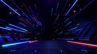 3d oluşturma, soyut dinamik neon hatları ve gelecekteki dijital tünel arkaplanındaki parçacıklar