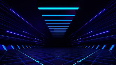 Fütüristik dijital koridor arka planında 3D render, soyut, parlak mavi neon ışıklar