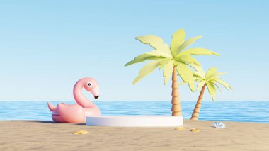 Tropikal yaz sahili arka planında şişirilebilir flamingo ve palmiye ağaçlarıyla 3D görüntüleme podyumu