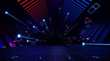 3D render, soyut neon parlayan tünel mavi ve kırmızı çizgili ve yüzen geometrik şekilli arka plan