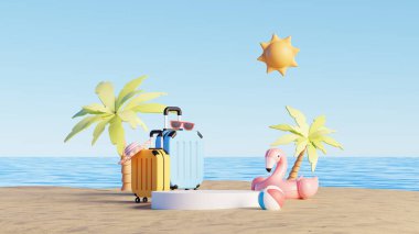 3D görüntüleme, Summer Beach tatil sahnesi. Ürün, bavul, flamingo ve güneş için boş podyum.
