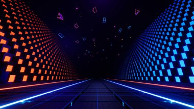 3D render, soyut gelecekçi dijital koridor neon kırmızı ve mavi küpleri ve parlak arkaplanı ile