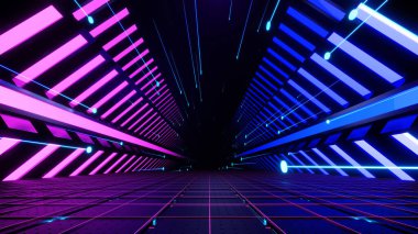 3D görüntüleme, soyut neon fütüristik tünel pembe ve mavi parlayan çizgiler ve ızgara arka plan