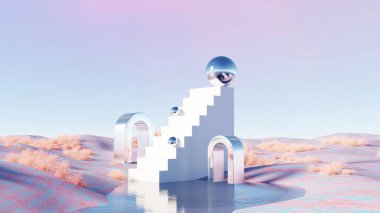 Beyaz merdiven ve krom küreler ile 3D görüntüleme, fütüristik gerçeküstü manzara çölü