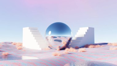 Pastel çöl arka planındaki ikiz merdivenler arasında 3D görüntüleme, sürreal manzara ayna küresi